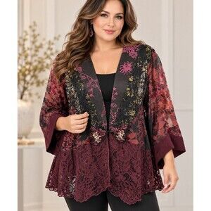 Spencer Alexis Women's 2X Burgundy Lace Floral Embroidered Bohemia Kimono Jacket
